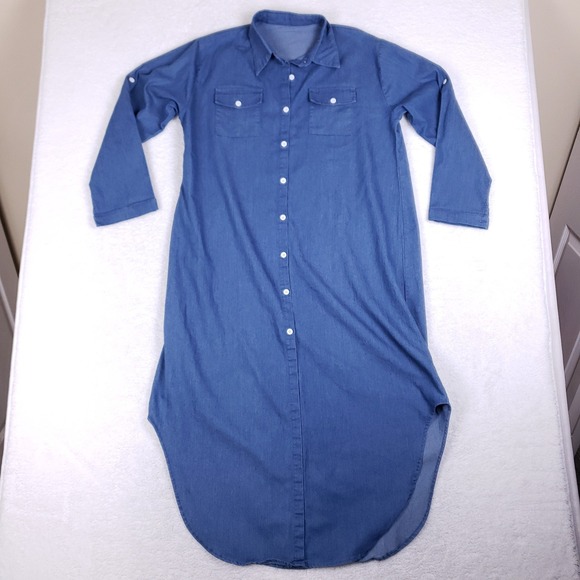 The Unbranded Brand Tops - Blue Chambray Button Down Shirt Dress High Low Hem Long Sleeve Size‎ 15